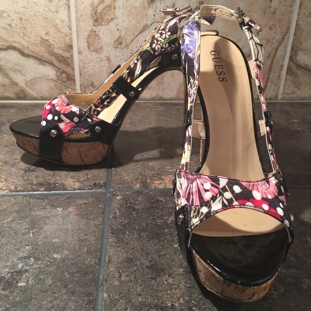 Guess Satin Floral Slingback Heels